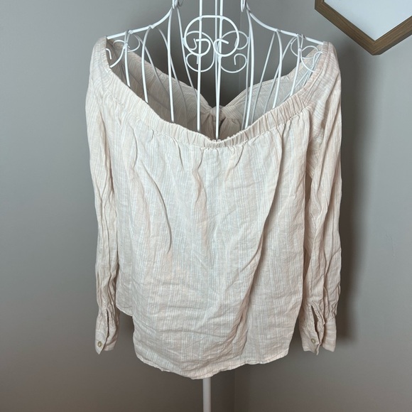 Free People Women's Linen Striped Off Shoulder Tie Hello There Beautiful Top M - Picture 4 of 7